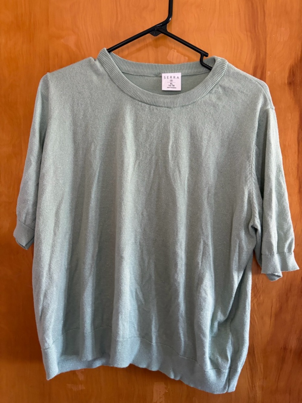 Serra Women’s mint/sage green sparkling Crew Neck Short Sleeve Sweater